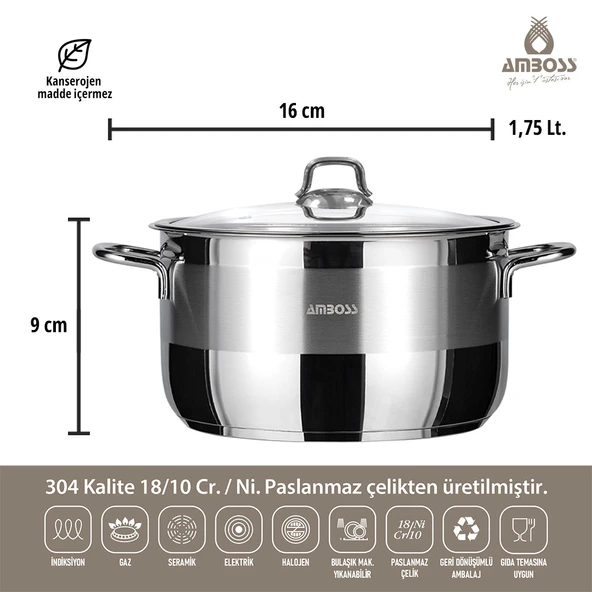 Amboss Saphire Paslanmaz Çelik 16 cm Derin Tencere - Cam Kapak - 2