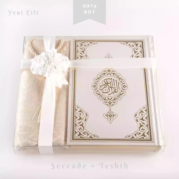 Seccade + Tesbih + Kuran Hediye Seti (Orta Boy, Beyaz, Ekonomik Cilt)