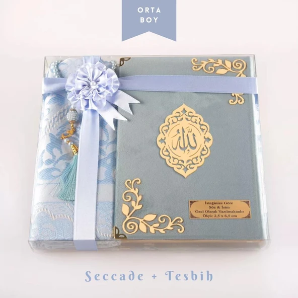 Seccade + Tesbih + Kuran Hediye Seti (Orta Boy, Kadife, Açık Mavi, Lafzatullah) ürün görseli 1