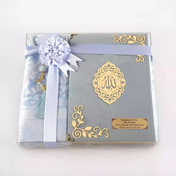 Seccade + Tesbih + Kuran Hediye Seti (Orta Boy, Kadife, Açık Mavi, Lafzatullah) - Resim 2