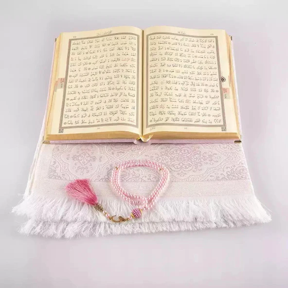 Seccade + Tesbih + Kuran Hediye Seti (Orta Boy, Kadife, Pudra Pembe, Lafzatullah) - Resim 4