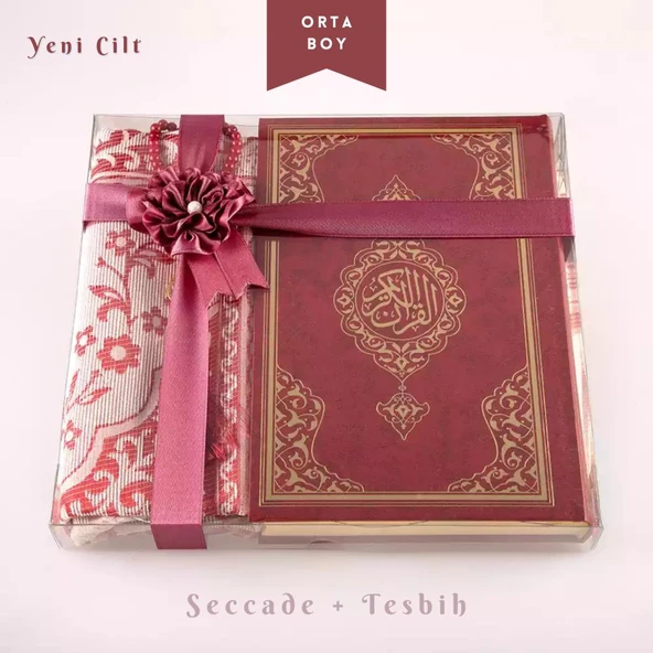 Seccade + Tesbih + Kuran Hediye Seti (Orta Boy, Bordo, Ekonomik Cilt) ürün görseli 1