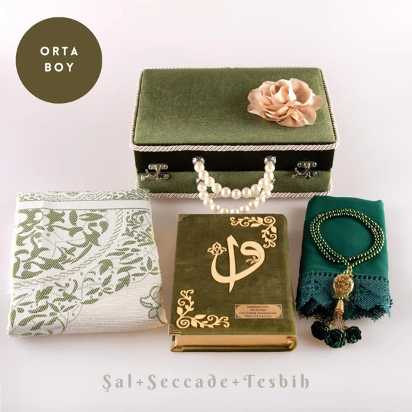 Boncuklu Kutu Çeyizlik, Şal + Seccade + Tesbih + Kuran Hediye Seti (Orta B. Kadife, Yeşil) ürün görseli 1