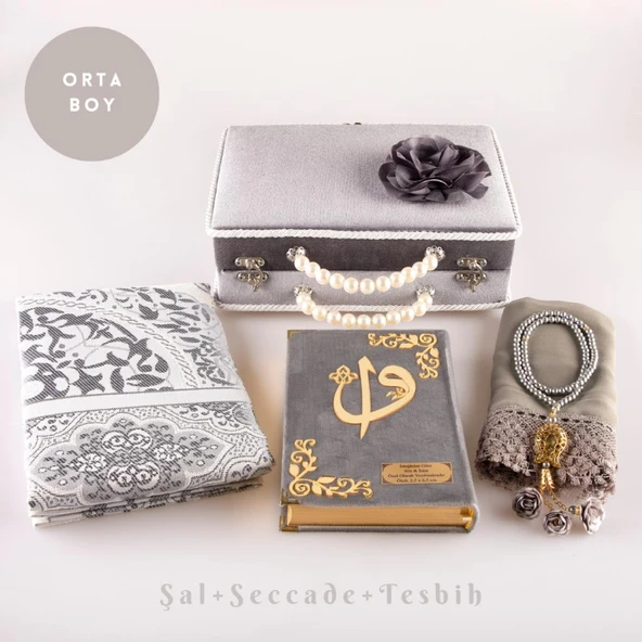 Boncuklu Kutu Çeyizlik, Şal + Seccade + Tesbih + Kuran Hediye Seti (Orta B. Kadife, Gri) ürün görseli 1