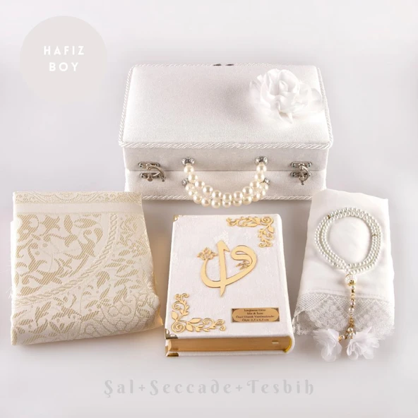 Boncuklu Kutu Çeyizlik, Şal + Seccade + Tesbih + Kuran Hediye Seti (Hafız B. Kadife, Beyaz) ürün görseli 1