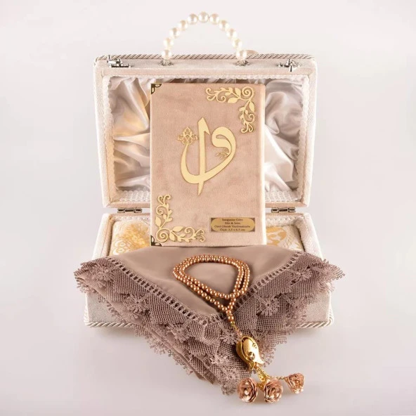 Boncuklu Kutu Çeyizlik, Şal + Seccade + Tesbih + Kuran Hediye Seti (Orta B. Kadife, Vizon) - Resim 2