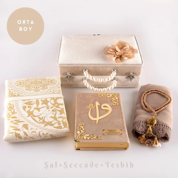 Boncuklu Kutu Çeyizlik, Şal + Seccade + Tesbih + Kuran Hediye Seti (Orta B. Kadife, Vizon) ürün görseli 1