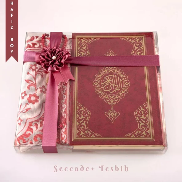 Seccade + Tesbih + Kuran Hediye Seti (Hafız Boy, Yeni Cilt, Bordo) ürün görseli 1