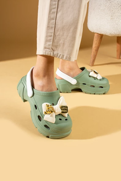 Pembe Potin Yüksek Taban Kurdela Detaylı Eva Comfort Kadın Sandalet DNZ223-24YeşilBeyaz