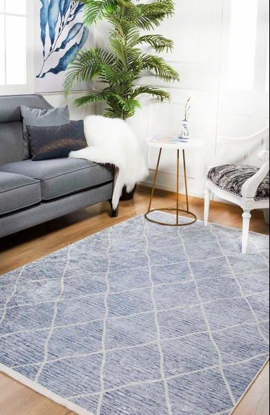 Modern Mavi Dijital Baskı Yıkanabilir Hipoalerjenik Kaymaz Taban Halı Yolluk HA052 - 5