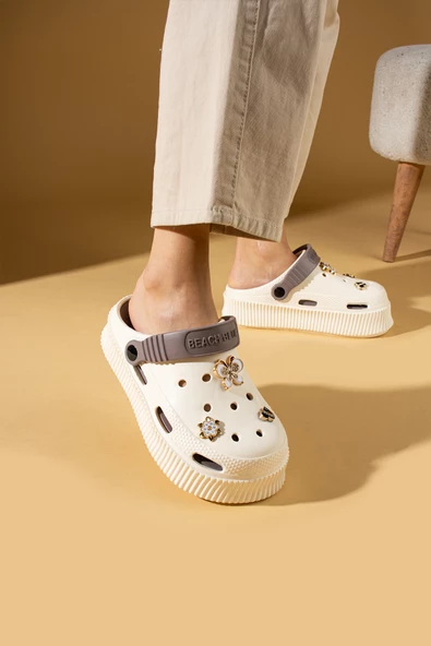Pembe Potin Yüksek Taban Altın Tokalı Eva Comfort Kadın Sandalet DNZ225-KremVizon