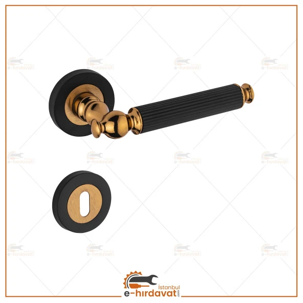 Lüx Çizgili Rozetli Mat Siyah Albirifin Oda Kapı Kolu 1 Takım - Resim 2