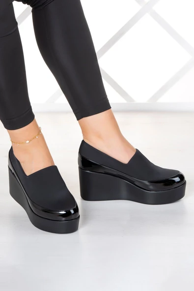 Erkan Saçmacı Sofia Siyah Streç Yuvarlık Burun Dolgu Topuklu Günlük Ayakkabı - Resim 4