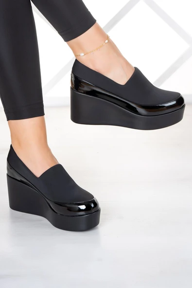 Erkan Saçmacı Sofia Siyah Streç Yuvarlık Burun Dolgu Topuklu Günlük Ayakkabı - Resim 3