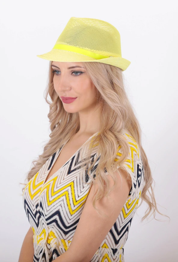 Yazlık Kadın Fileli Kemerli Hasır Fötr Şapka sarı 6223