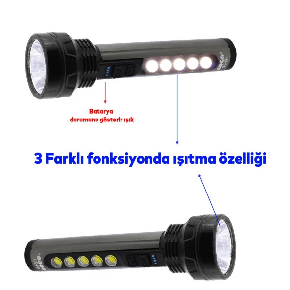 El Feneri Şarjlı Led Işıldak Kamp El Lambası Gece Aydınlatma 5 W + 3 W Beyaz Işık 1800 mAh - 3
