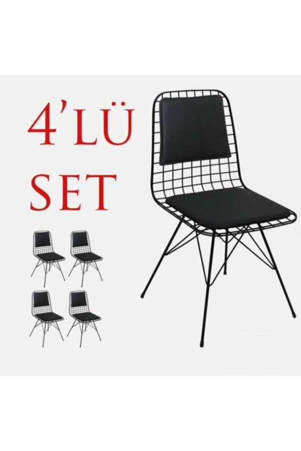 Sers Minderli Tel Mutfak Ve Ergonomik Bahçe Cafe Sandalye Takımı- 2 Adet Metal Tel Sandalye