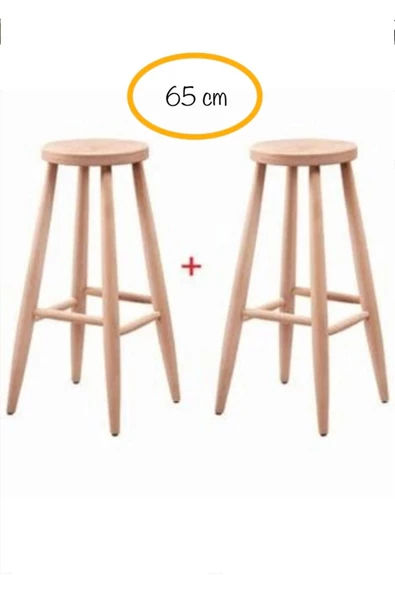 EHM Ahşap Mobilya Dekorasyon Ahşap 65 Cm Yüksek Yuvarlak Bar Tabure Sandalye 2'li Ahşap Ham