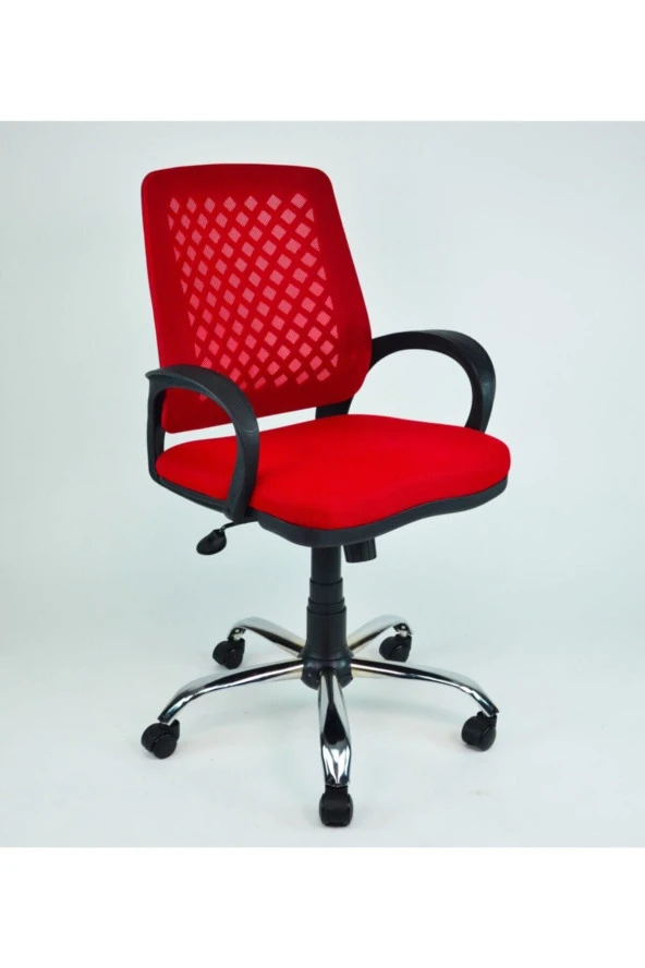 Fileli Petek Ofis Büro Bilgisayar Koltuğu Sandalyesi Kırmızı Krom Ayak
