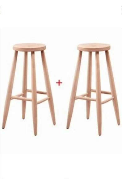 EHM Ahşap Mobilya Dekorasyon Ahşap 65 Cm Yüksek Yuvarlak Bar Tabure Sandalye 2'li Ahşap Ham - Resim 2