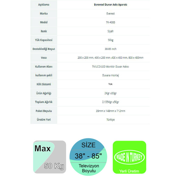 Everest TK-4085 40-85 inç Sabit Televizyon Askı Aparatı - 8