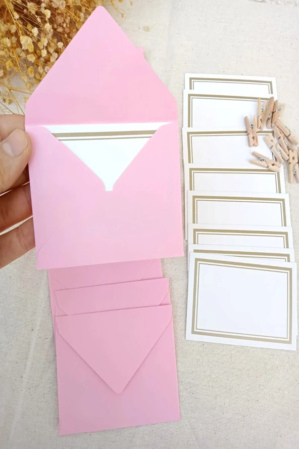 Pembe 10 Adet Mandallı Zarflı Not Kartı Seti- Hediye Kartı - Tebrik Kartı (9x7 - 8,5x6)