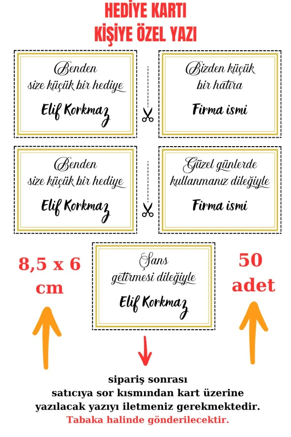 50 Adet Kişiye Özel 8x6 Kuşe Kart - Hediye Paketi - Hediye Kartı - Tebrik Kartı