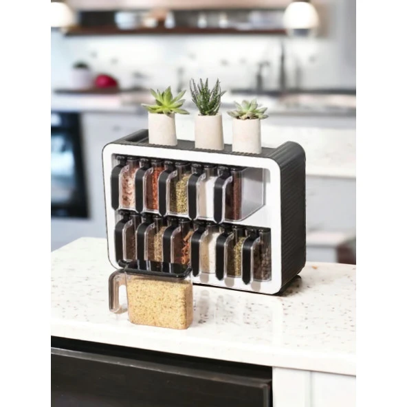 Girist Standlı 12'li Baharatlık Takımı Kendinden Yapışkanlı Kaşıklı ve Kapaklı Baharat Takımı - 2