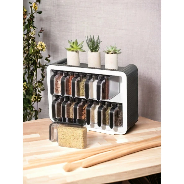 Girist Standlı 12'li Baharatlık Takımı Kendinden Yapışkanlı Kaşıklı ve Kapaklı Baharat Takımı - 3