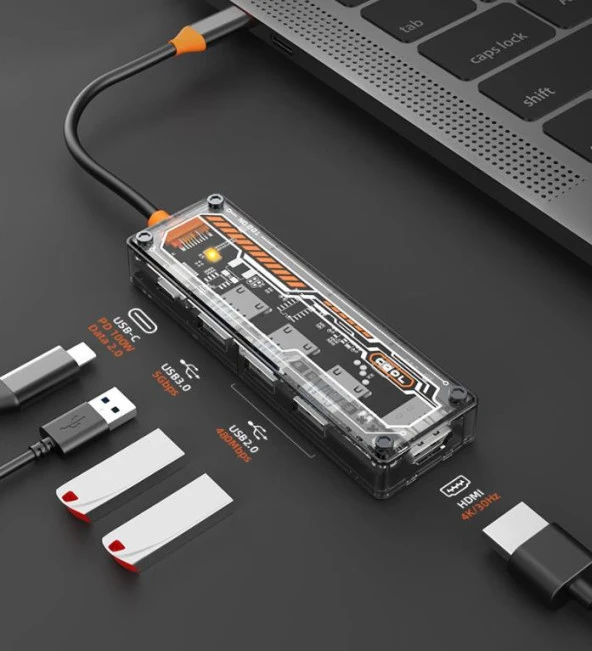 Coofbe Şeffaf 5in1 PD 100W Type-c Dönüştürücü Hub Type-c To 4K HDMI USB3.0 USB2.0 *2 Çoğaltıcı Hub