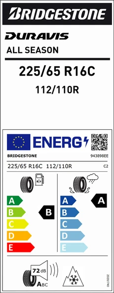Bridgestone 225/65R16C 112/110R Duravıs All Season B-A-72 4 Mevsim Hafif Ticari Lastiği (Üretim Yılı: 2023)