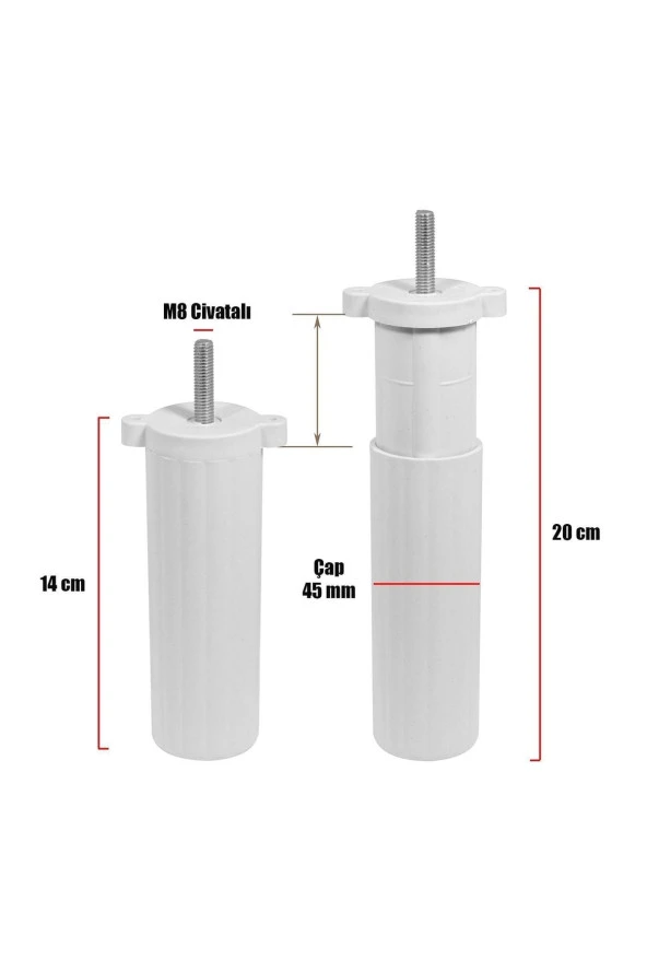 Mobilya Kanepe Baza Koltuk Destek Ayağı M8 Civata Ayarlı Ayarlanabilir Beyaz Ayak 14 Cm