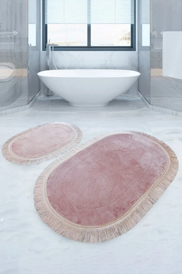 Bonny Home Pera Pudra 2'li Banyo Paspası Seti Kaymaz Tabanlı Saçaklı Püsküllü Klozet Takımı