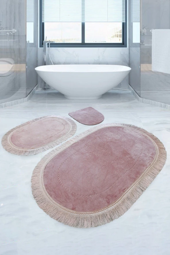 Bonny Home Pera Pudra 3'lü Banyo Paspası Seti Kaymaz Tabanlı Saçaklı Püsküllü Klozet Takımı