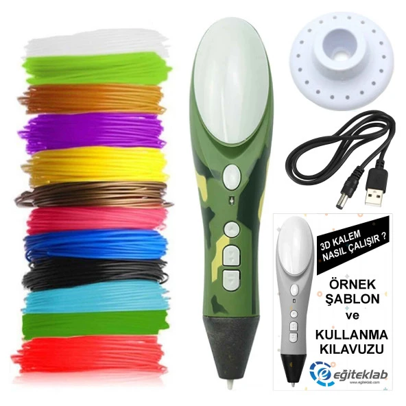 NEW KAMUFLAJ Renk 3D Pen Kalem Yazıcı ve 100 metre PLA Filament (25 renk x 4 metre)