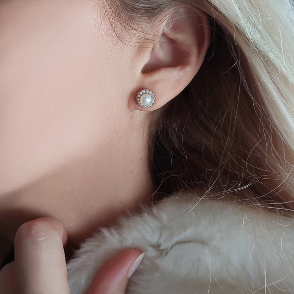 VAOOV 925 Ayar Gümüş Yuvarlak Taşlı İnci Küpe - Resim 3