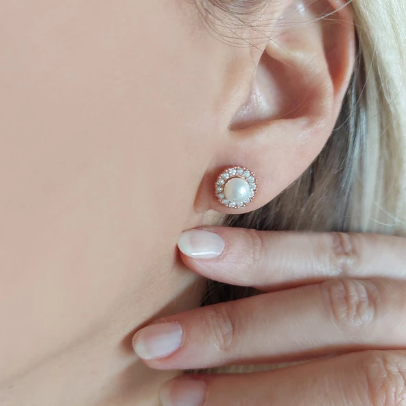 VAOOV 925 Ayar Gümüş Yuvarlak Taşlı İnci Küpe ürün görseli