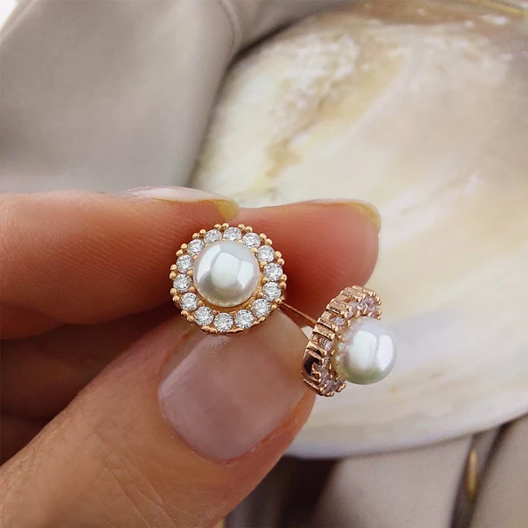 VAOOV 925 Ayar Gümüş Yuvarlak Taşlı İnci Küpe - Resim 4