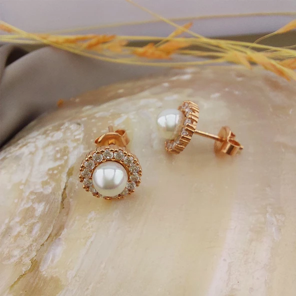 VAOOV 925 Ayar Gümüş Yuvarlak Taşlı İnci Küpe - Resim 2