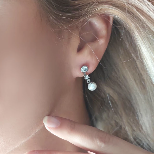 Vaoov 925 Ayar Gümüş Sallantılı Taşlı İnci Küpe - Resim 6