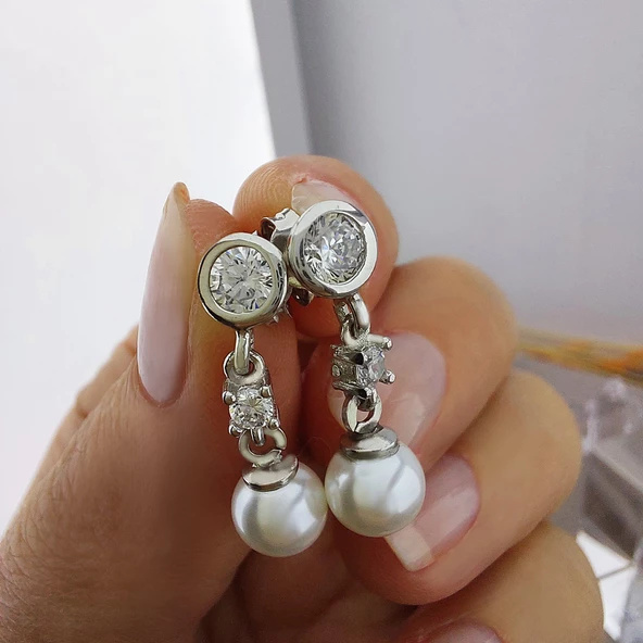 Vaoov 925 Ayar Gümüş Sallantılı Taşlı İnci Küpe - Resim 3