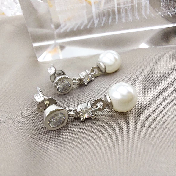 Vaoov 925 Ayar Gümüş Sallantılı Taşlı İnci Küpe - Resim 4