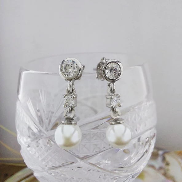 Vaoov 925 Ayar Gümüş Sallantılı Taşlı İnci Küpe - Resim 2