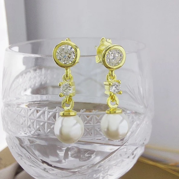 Vaoov 925 Ayar Gümüş Sallantılı Taşlı Gold İnci Küpe - 2