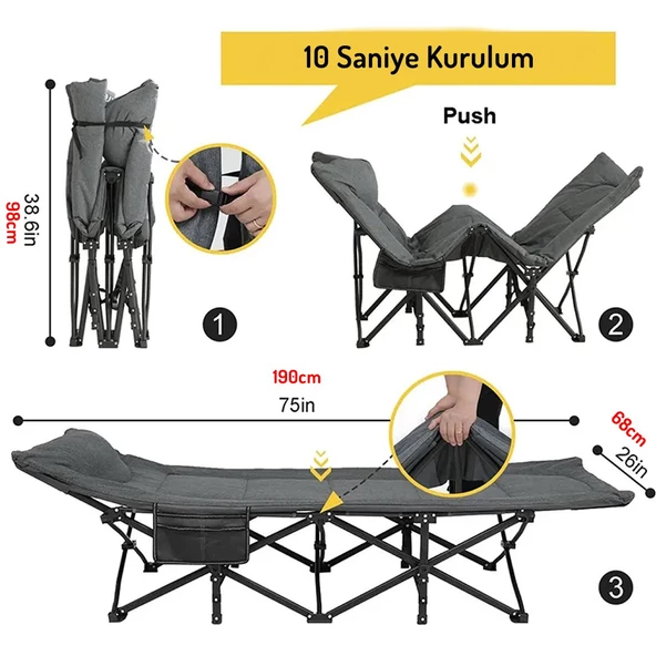 EFSANE KAMP - Konfor Ultralight Kampet Portatif Kamp Yatağı Siyah -  190x68x35cm - 3