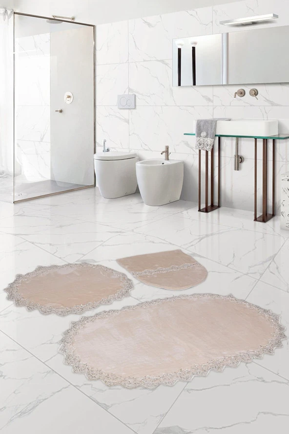 Bonny Home Venüs Vizon 3'lü Dantelli Banyo Paspası Seti Çeyizlik Klozet Takımı