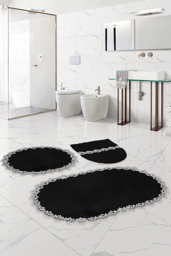 Bonny Home Venüs Siyah 3'lü Dantelli Banyo Paspası Seti Çeyizlik Klozet Takımı
