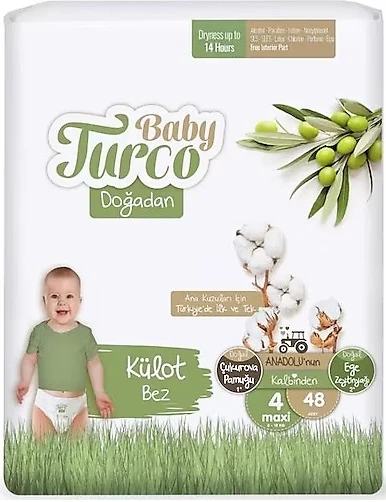 Baby Turco Külot Bebek Bezi Doğadan Beden:4 (8-18KG) Maxi 48 Adet Ekonomik Pk