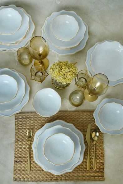 Keramika Beyaz Gold Fileli Romeo Yemek Takımı 24 Parça 6 Kişilik