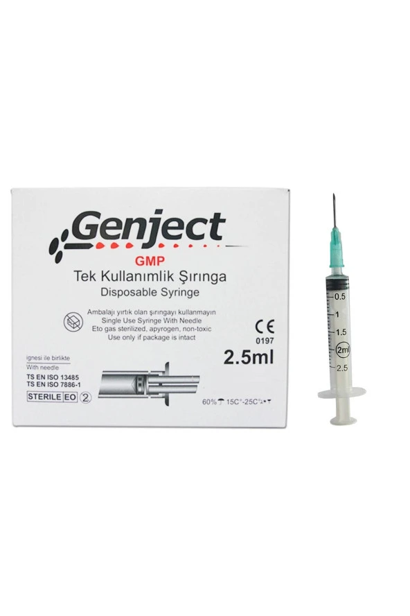 GENJECT 2,5 ml Veteriner Enjektörü 3 Parça Yeşil Kısa İğneli 250 Adet 2,5 Cc 3p Kısa Enjektör 16 mm